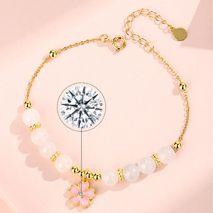 Bransoletka ochronna Buddha Stones 925 Sterling Silver Hetian White Jade Cherry Blossom