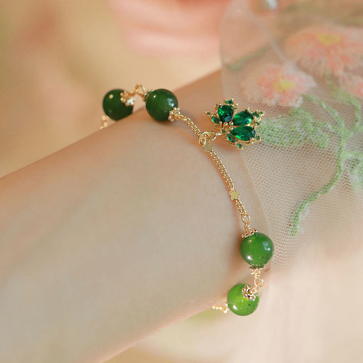 Bransoletka Buddha Stones 14k Gold Plated Green Chalcedon Maple Leaf Courage Strength