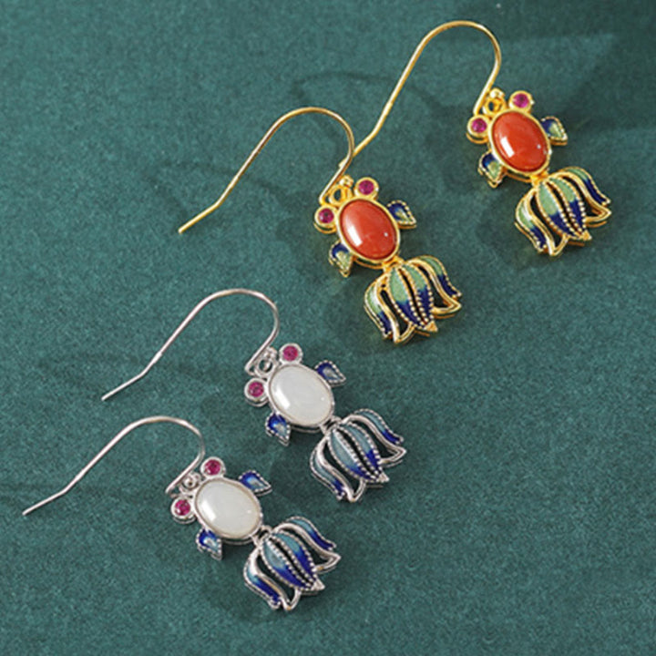 925 Srebro Sterlingowe Hetian Biały Jade Czerwony Agat Słodkie Kolczyki Szczęścia Ryby