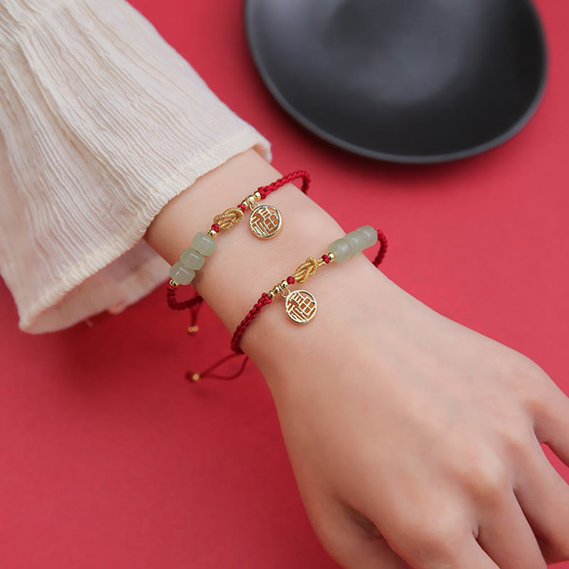 Buddha Stones ręcznie robione koraliki z jadeitu Fu Character Charm bransoletka z czerwoną liną