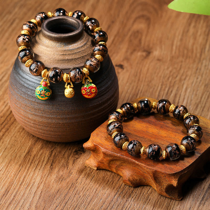 Buddha Stones Złota Połykająca Bestia Rodzina Charm Liuli Szklane Koraliki Bransoletka Fortuna