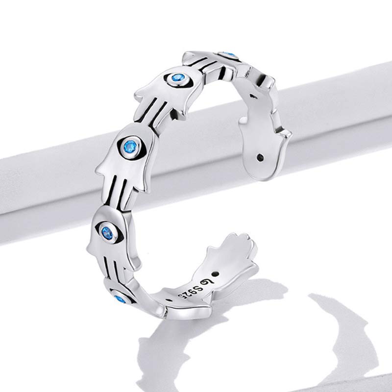 Buddha Stones 925 Srebro Sterling Symbol Hamsa Cyrkon Regulowany Pierścień