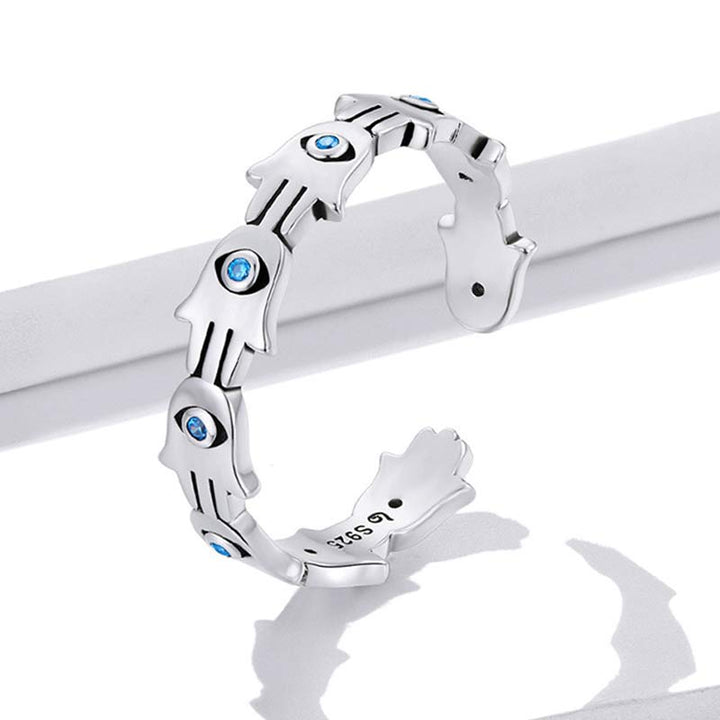 Buddha Stones 925 Srebro Sterling Symbol Hamsa Cyrkon Regulowany Pierścień