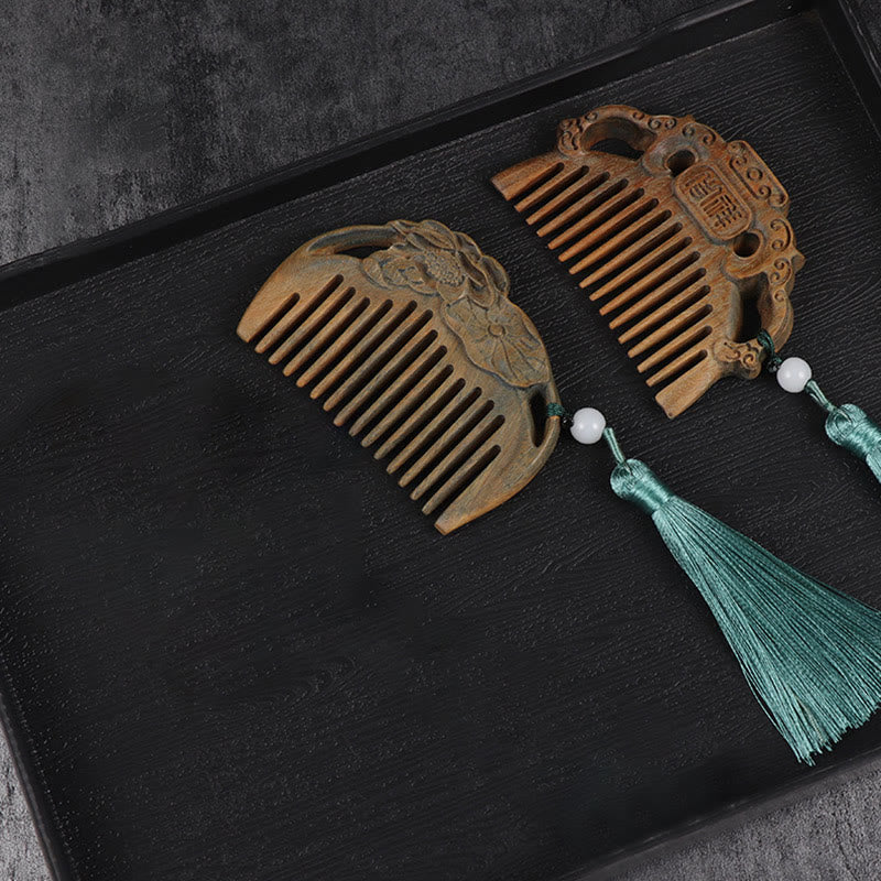 Zielony sandałowiec, kwiat piwonii, lotos, grawerowany grzebień z frędzlami