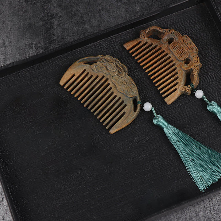 Zielony sandałowiec, kwiat piwonii, lotos, grawerowany grzebień z frędzlami