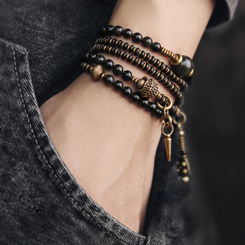 Bransoletka Buddha Stones Tęczowy Obsydian Drewno Hebanowe Miedź Pozytywna Wielowarstwowa