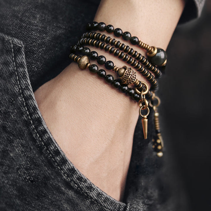 Bransoletka Buddha Stones Tęczowy Obsydian Drewno Hebanowe Miedź Pozytywna Wielowarstwowa