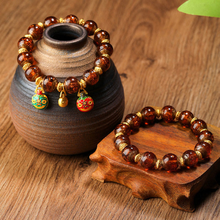 Buddha Stones Złota Połykająca Bestia Rodzina Charm Liuli Szklane Koraliki Bransoletka Fortuna