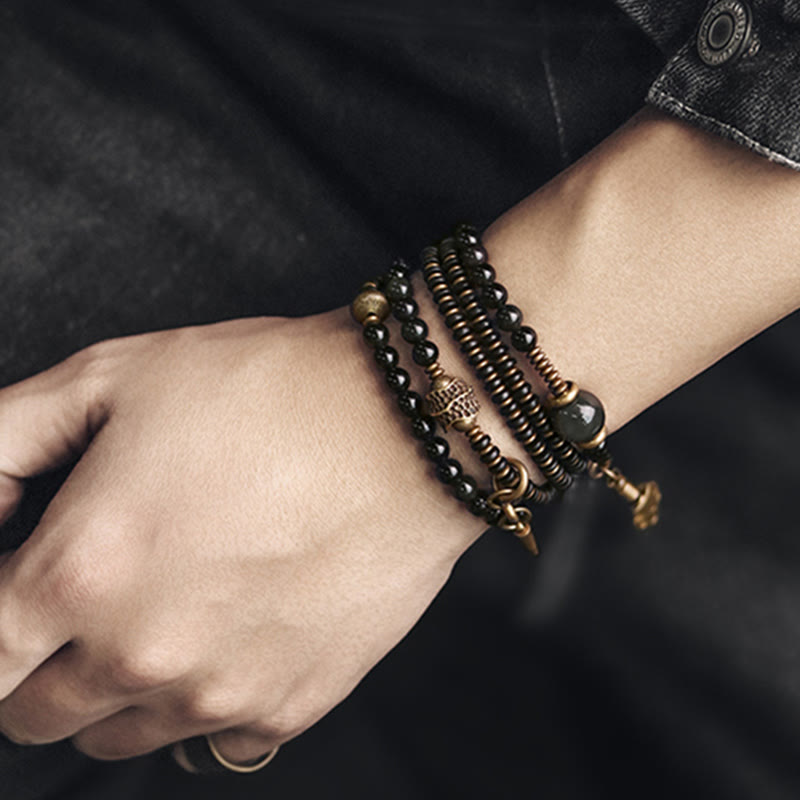 Bransoletka Buddha Stones Tęczowy Obsydian Drewno Hebanowe Miedź Pozytywna Wielowarstwowa