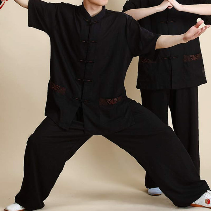 Buddha Stones Medytacja Zen Modlitwa Duchowa Tai Chi Qigong Praktyka Unisex Haft Odzież Zestaw - Krótki rękaw, czarny haft - US14, UK/AU18, EU46 (3XL) - image 24