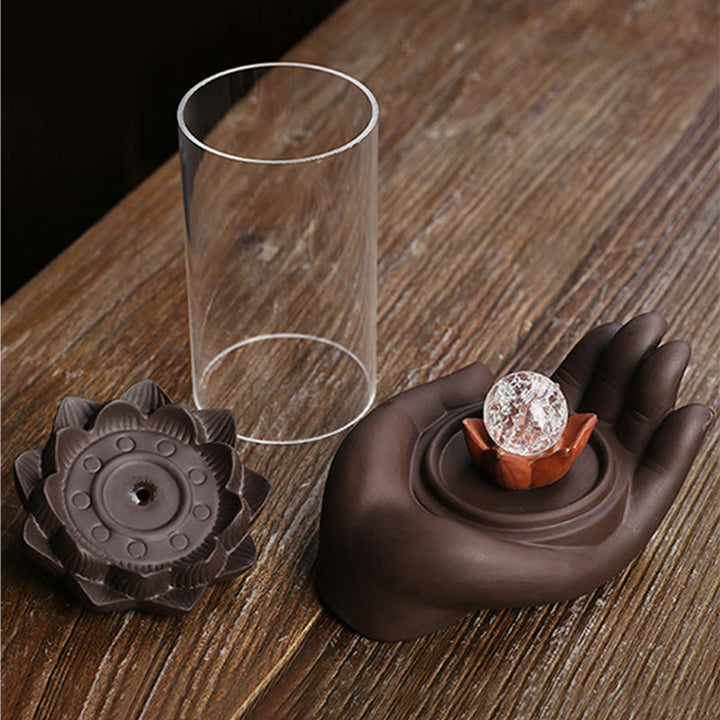 Buddha Stones Ręka Buddy Lotos Oświecenie Światło LED Fioletowa Glina Ceramiczna Kadzielnica Dekoracja