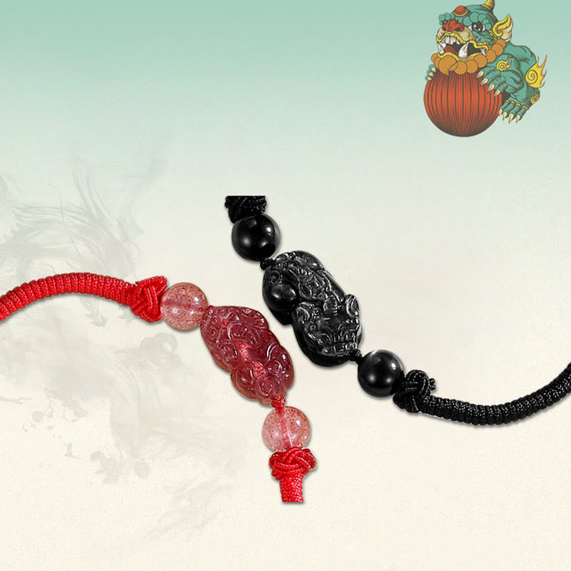 Buddha Stones Ręcznie robione Naturalne Srebrny Połysk Obsydian Truskawkowy Kwarc PiXiu Ochrona Bransoletka Pleciona - image 10