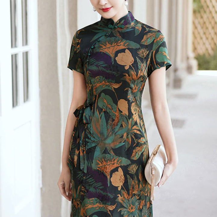 Suknia Qipao z Buddha Stones z jedwabiu w stylu retro z wzorem liści kwiatów i kwiatów, damska sukienka Cheongsam