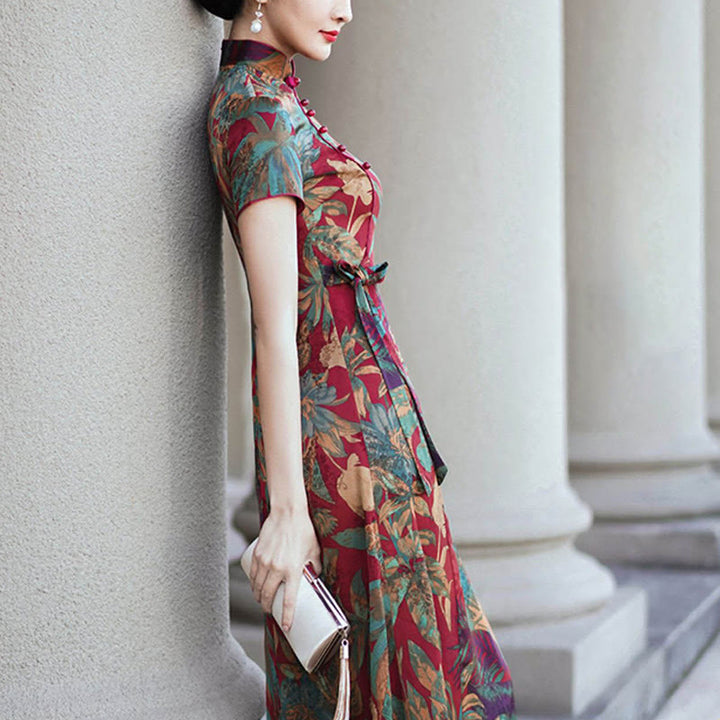 Suknia Qipao z Buddha Stones z jedwabiu w stylu retro z wzorem liści kwiatów i kwiatów, damska sukienka Cheongsam