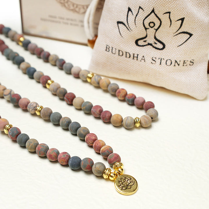 Buddha Stones 108 Mala Beads Picasso Jasper Stone Bransoletka Energetyczna Odwaga - image 5