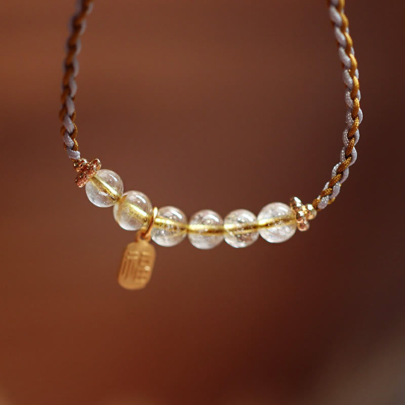 Bransoletka warkoczowa z naturalnego jadeitu i kwarcu rutylowego Fu Character Luck wykonana ze srebra próby 925