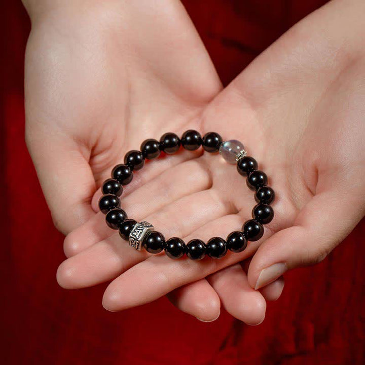 Chiński zodiak Natal Buddha 925 Srebro Sterling Czarny Obsydian Moonstone Bransoletka Siła