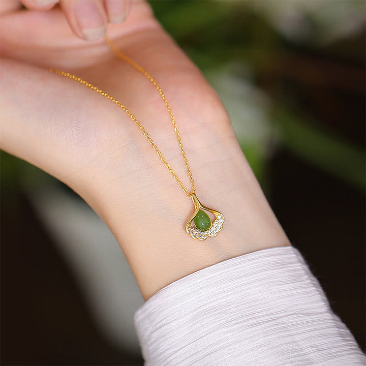 Buddha Stones 925 Srebro Sterling Naturalny Hetian Jade Cyan Jade Szczęście Śmiejący się Budda Motyl Naszyjnik Wisiorek - Liść miłorzębu cyjanowego - image 38