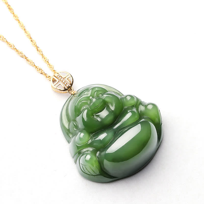 925 Srebro Sterlingowe Śmiejący się Budda Hetian Cyan Jade 18K Złoty Naszyjnik Sukcesu Łańcuszek Wisiorek - image 11