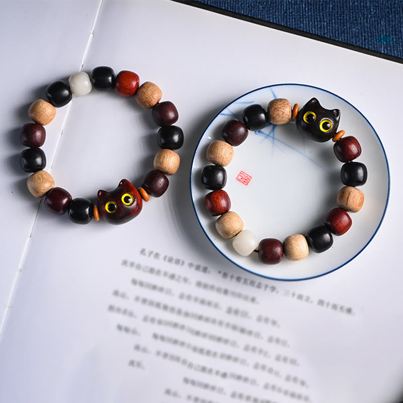 Buddha Stones Mały liść Czerwony sandałowiec Drewno hebanowe Słodki kot Grawerowana bransoletka ochronna - image 22