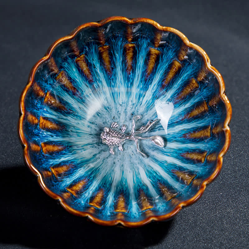 Buddha Stones Lotos Złota Rybka Pomyślny Smok Feniks Ceramiczny Filiżanka Do Herbaty Intarsjowane Filiżanki Do Herbaty 130ml