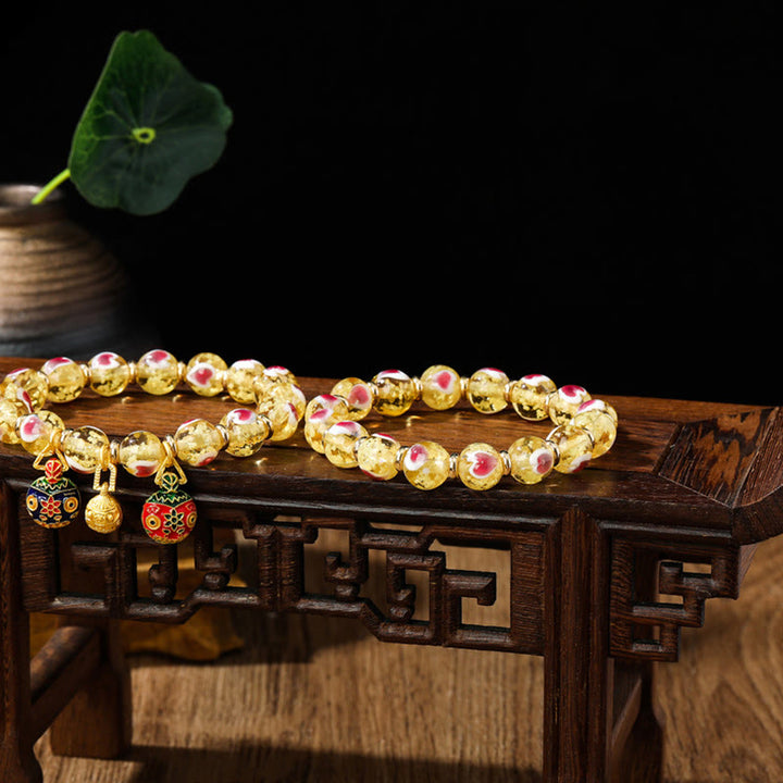 Buddha Stones Złote Połykające Bestie Rodzina Różowe Serce Miłości Świecące Fluorescencyjne Bransoletka z Koralików Szklanych Liuli