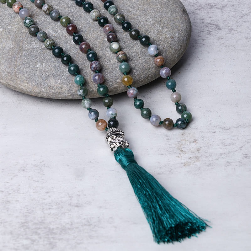 Buddha Stones 108 koralików Mala Bransoletka oczyszczająca z indyjskiego agatu Głowa Buddy