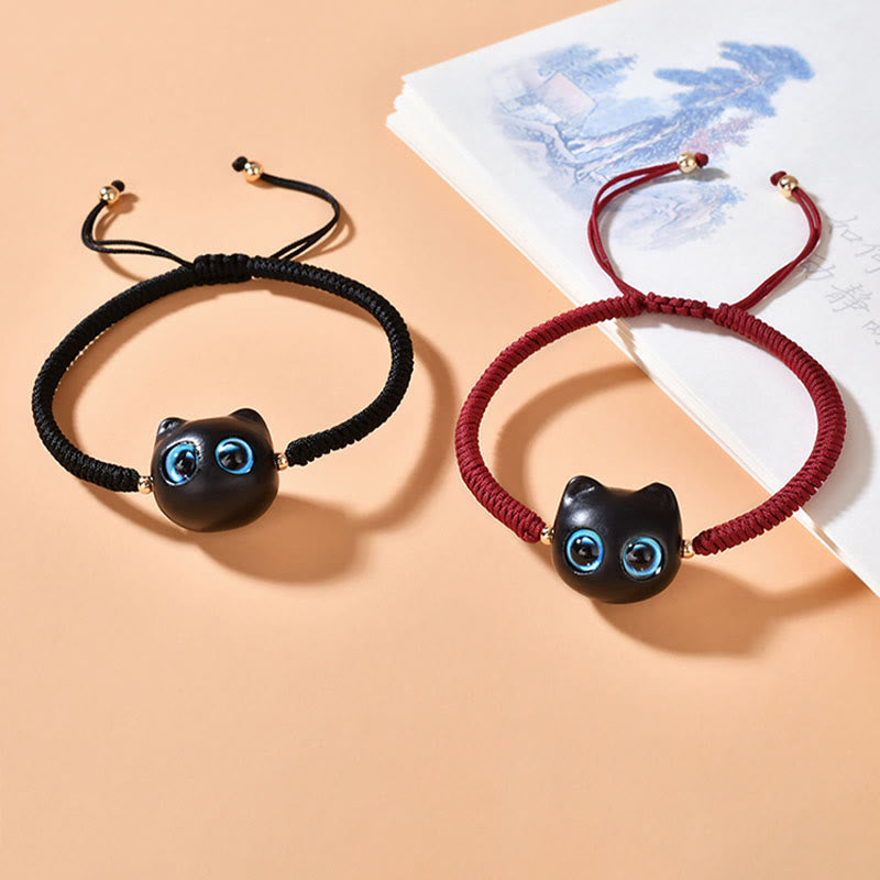 Buddha Stones Drewno Hebanowe Głowa Kota Wzór Pokoju King Kong Węzeł Bransoletka Pleciona - image 2