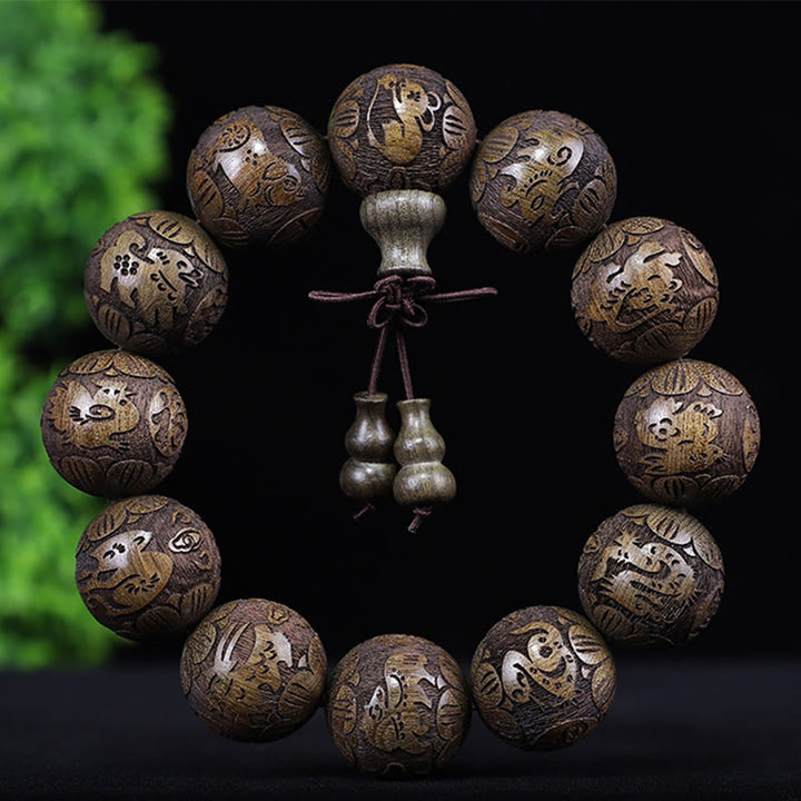 Buddha Stones Chiński Zodiak Palisander Ebony Miedź Moneta PiXiu Rzeźbiona Bransoletka Ciepło