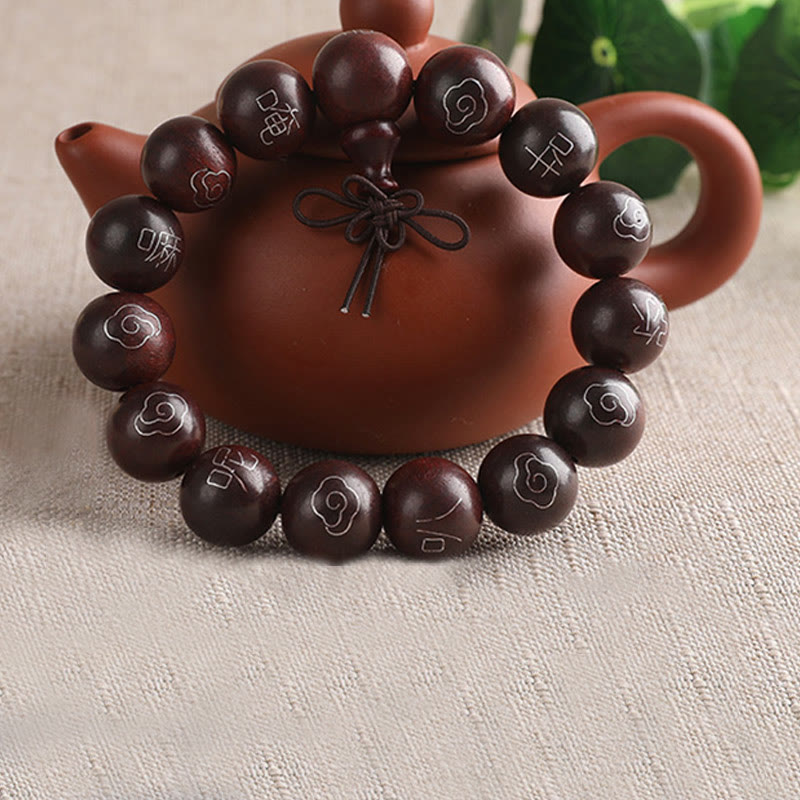 Buddha Stones 925 Srebro Inkrustowane Małymi Liśćmi Czerwonego Sandału Om Mani Padme Hum Charakter Pomyślne Chmury Bransoletka Ochronna