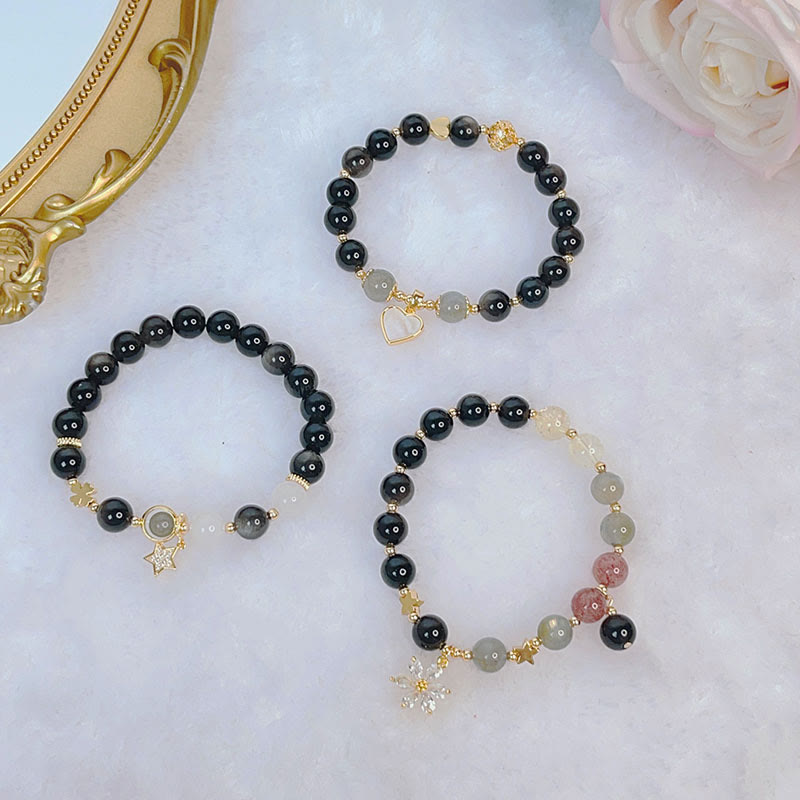 Bransoletka ochronna z Buddha Stones Naturalny srebrny połysk Obsydian Serce Gwiazda Kwiat