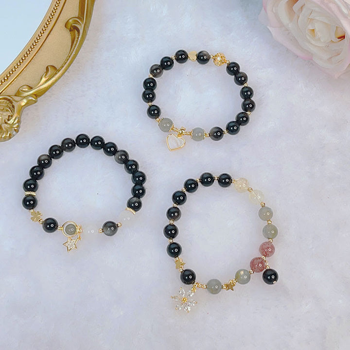 Bransoletka ochronna z Buddha Stones Naturalny srebrny połysk Obsydian Serce Gwiazda Kwiat
