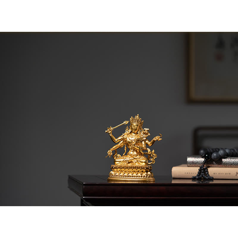 Czteroramienna figurka Mandziuśri Bodhisattwy Złota Figurka Współczucia Spokoju Miedziana Statuetka Dekoracja Domu