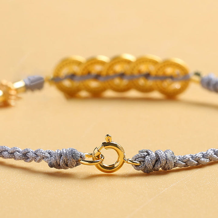 Buddha Stones Miedziana Moneta Drzewko Fortuny Perła Szczęścia Bransoletka Pleciona Niebieska Lina