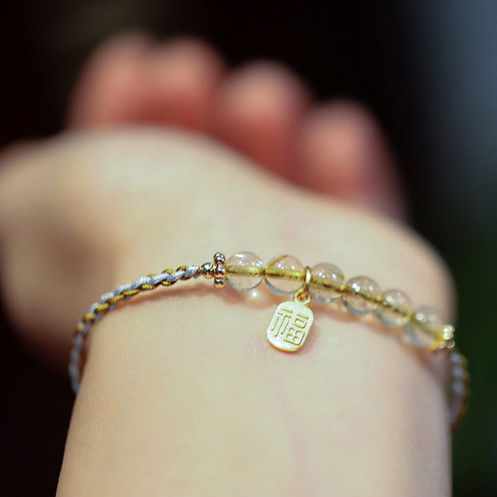 Bransoletka warkoczowa z naturalnego jadeitu i kwarcu rutylowego Fu Character Luck wykonana ze srebra próby 925