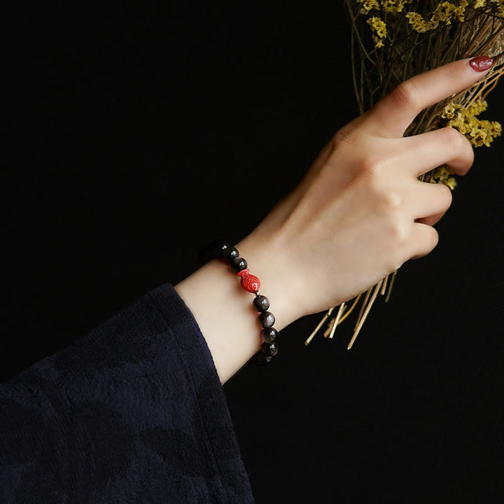 Bransoletka ochronna z Buddha Stones Naturalny srebrny połysk Obsydian Cynober Koi Fish