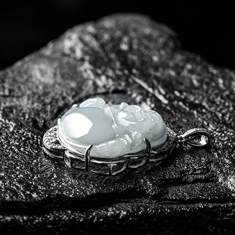 Buddha Stones 925 Srebro Sterlingowe Śmiejący się Budda Naturalny Jadeit Obfitość Naszyjnik Wisiorek - image 6