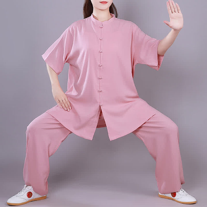 Buddha Stones Tai Chi Qigong Medytacja Modlitwa Duchowa Praktyka Zen Unisex Bawełniany Lniany Zestaw Ubrań - Różowy - Krótki rękaw - US14, UK/AU18, EU46 (3XL)  - image 9