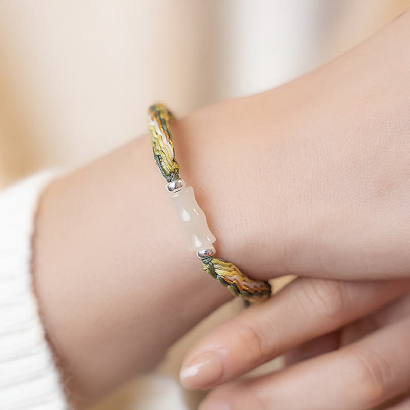 Bransoletka sznurkowa z białego jadeitu, bambusa, węzła reinkarnacji, bogactwa i szczęścia