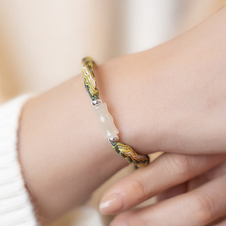 Bransoletka sznurkowa z białego jadeitu, bambusa, węzła reinkarnacji, bogactwa i szczęścia