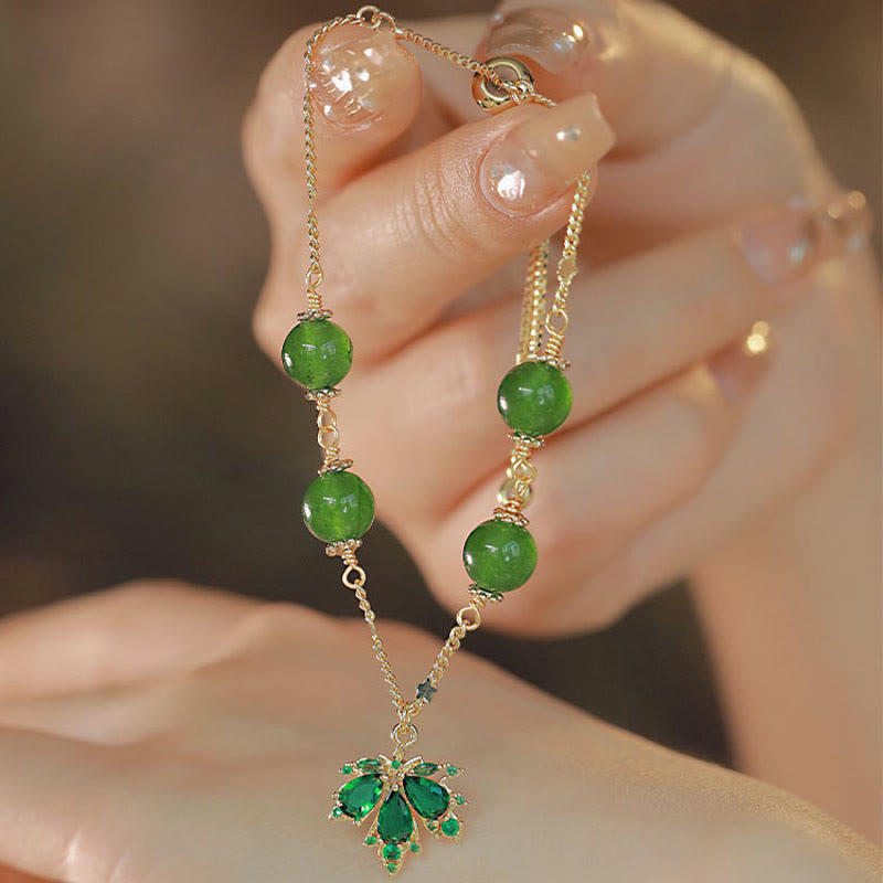 Bransoletka Buddha Stones 14k Gold Plated Green Chalcedon Maple Leaf Courage Strength