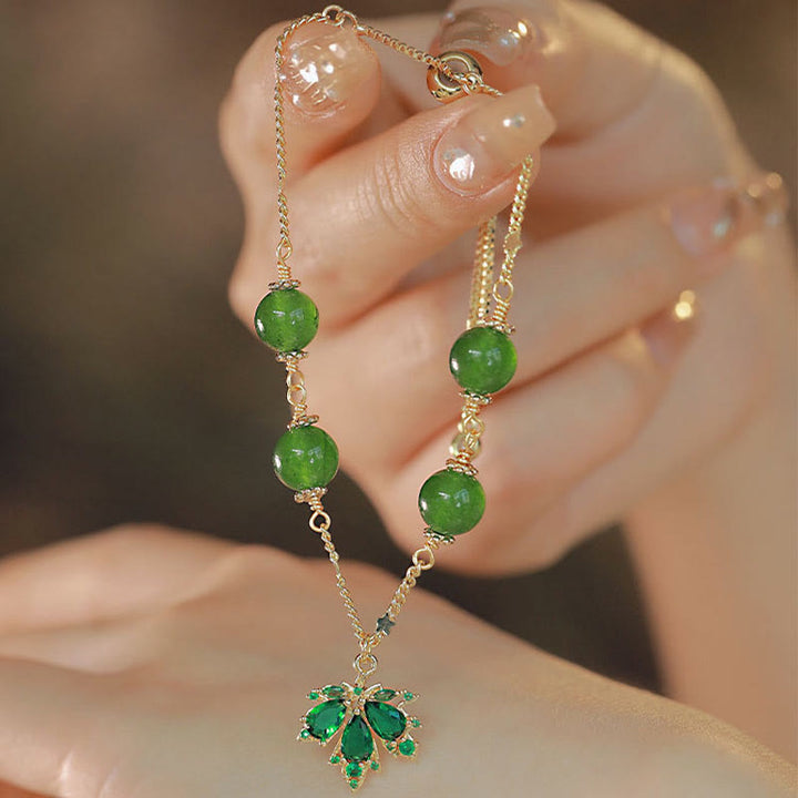 Bransoletka Buddha Stones 14k Gold Plated Green Chalcedon Maple Leaf Courage Strength