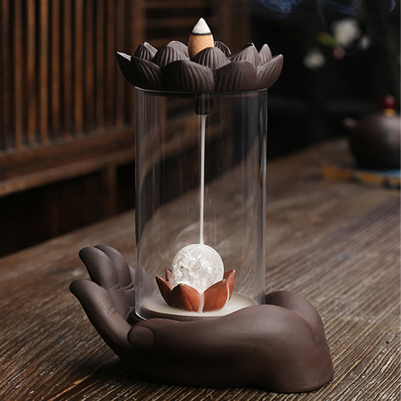 Buddha Stones Ręka Buddy Lotos Oświecenie Światło LED Fioletowa Glina Ceramiczna Kadzielnica Dekoracja