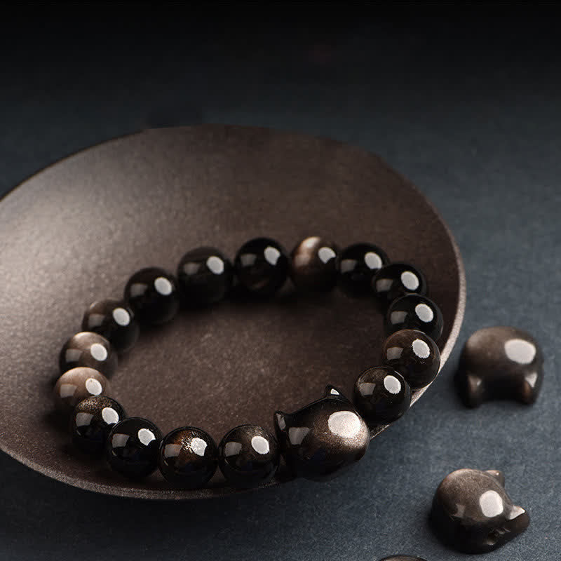 Buddha Stones Złoty połysk Obsydian Srebrny połysk Obsydian Piękna łapa Szczęśliwy Kot Bransoletka ochronna - image 27