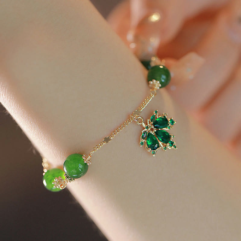 Bransoletka Buddha Stones 14k Gold Plated Green Chalcedon Maple Leaf Courage Strength