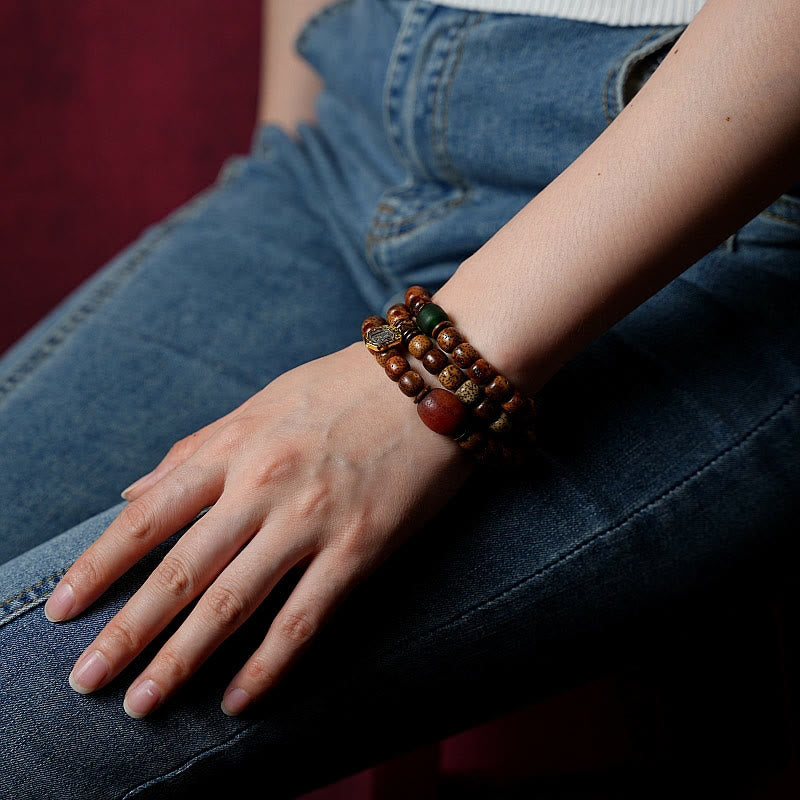 Buddha Stones Tybetańskie Nasiona Bodhi Bursztyn Dzi Koralik Agat Zakiram Bogini Bogactwa Koraliki Bransoletka Potrójnie Owijana