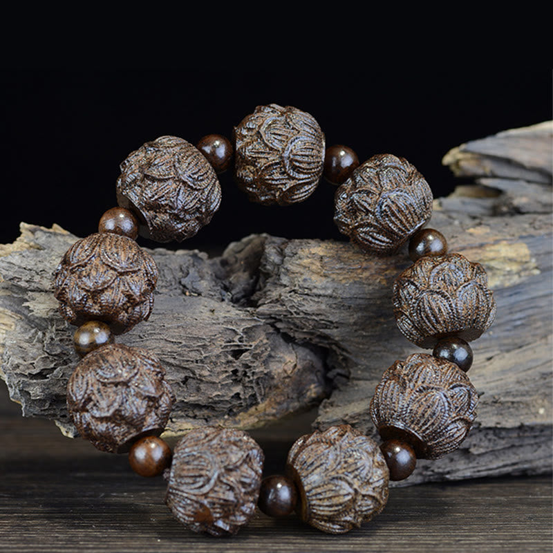 Buddha Stones Drewno Hebanowe Osiemnastu Arhatów Lotos Smok Grawerowana Bransoletka Równowagi