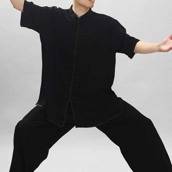 Buddha Stones Medytacja Zen Modlitwa Duchowa Tai Chi Qigong Praktyka Unisex Haft Odzież Zestaw - Krótki rękaw Czarny - US14, UK/AU18, EU46 (3XL) - image 26