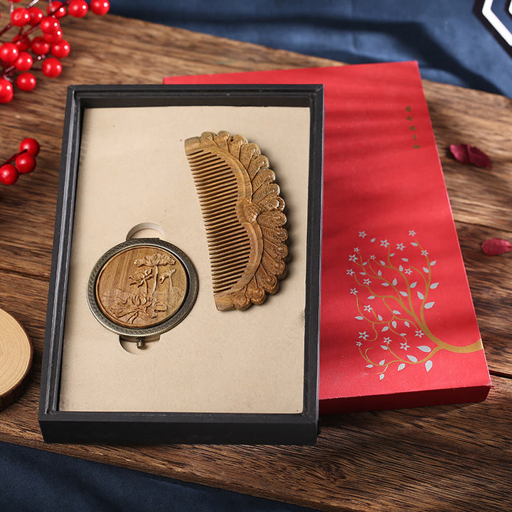 Naturalny zielony sandałowiec palisander kwiat lotosu paw motyl grawerowany kojący grzebień