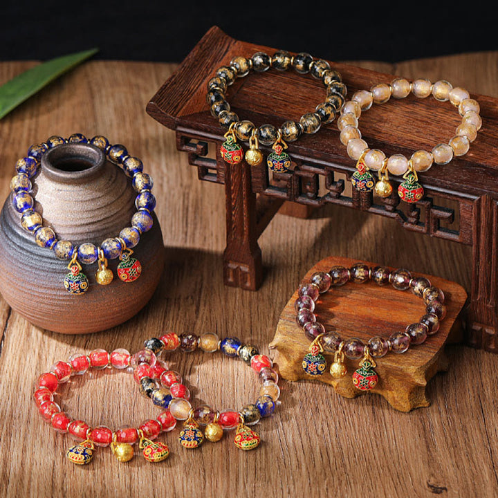 Buddha Stones Złoty Połykający Bestia Rodzina Charm Złota Srebrna Folia Liuli Szklane Koraliki Błogosławieństwa Bransoletka